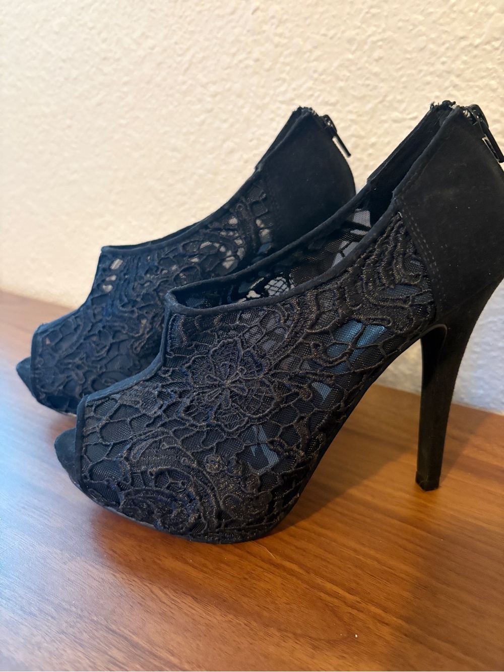 Elle Black Lace Peep-Toe High Heel Booties